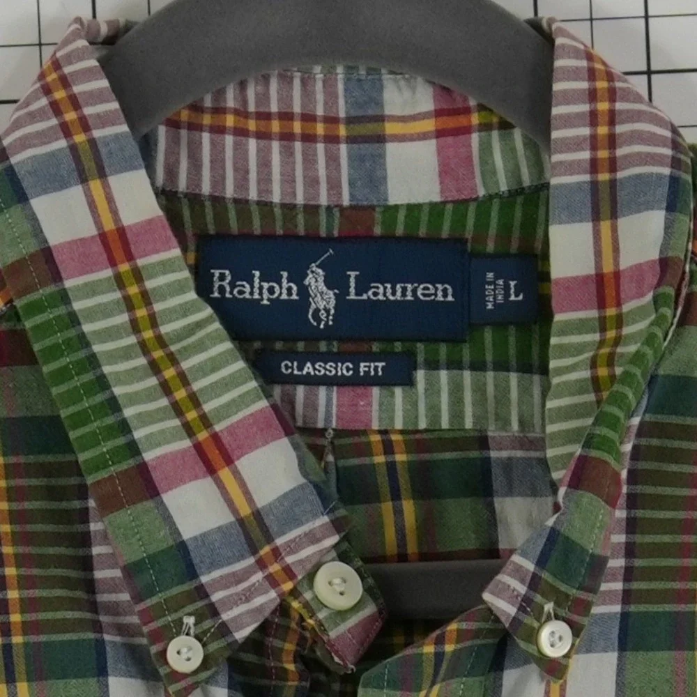 Ralph Lauren Green Plaid Button Down Shirt Men's Size Large Pony 100% Cotton S/S